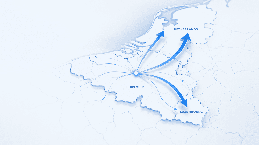Carte de distribution Benelux depuis Bruxelles — Belgique, Pays-Bas, Luxembourg